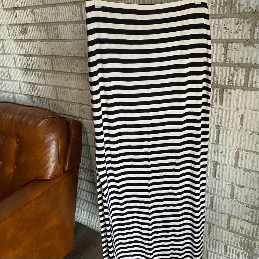Black and White Striped Maxi Skirt slits high waist